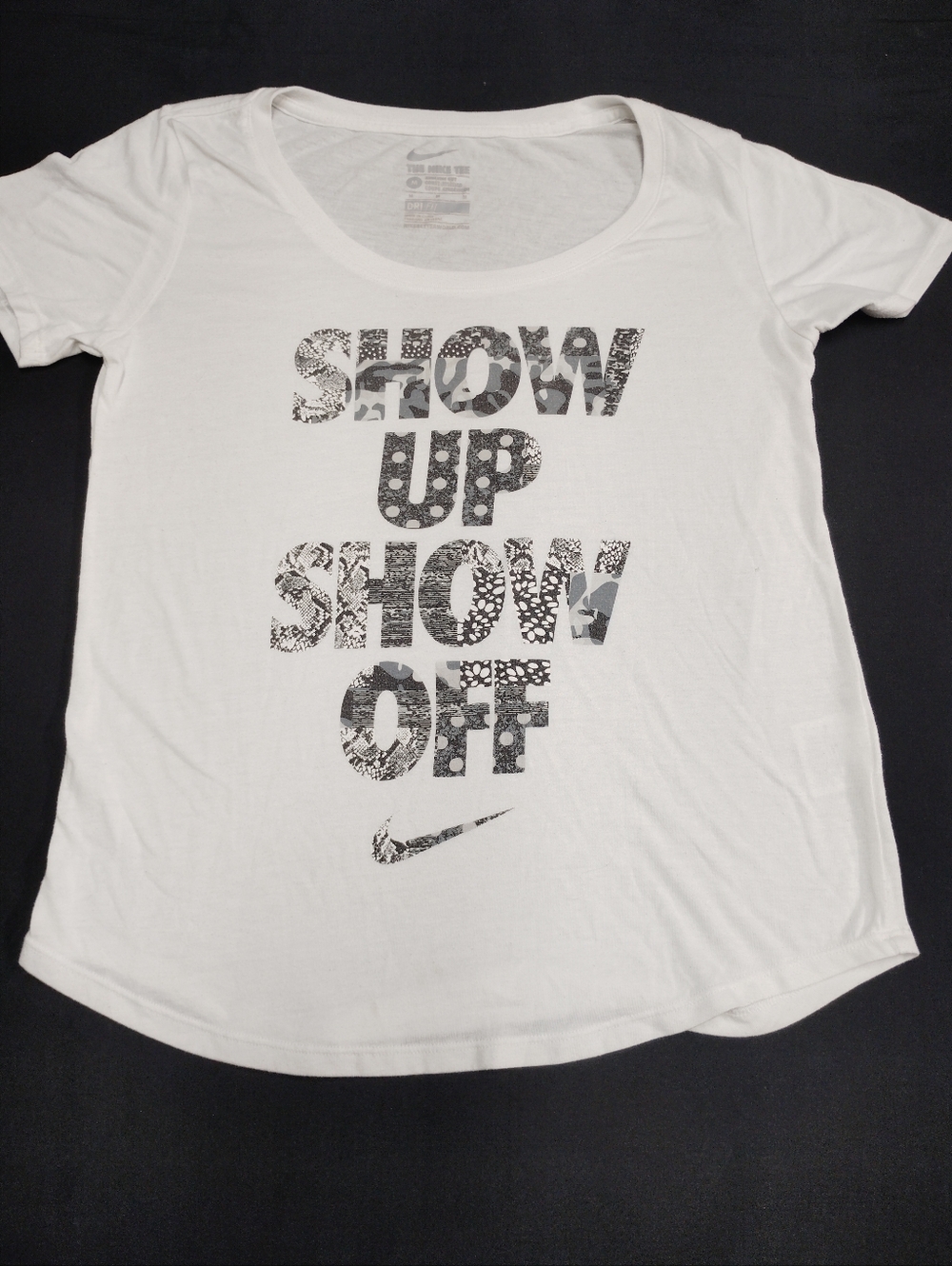 Nike White Tee with Black Patterned 'SHOW UP SHOW OFF' Graphic